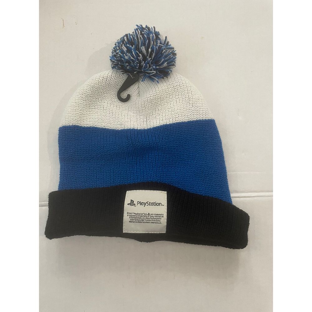 Playstation Mens Beanie Pom Winter Hat Cuff NWT‎ Black White Blue